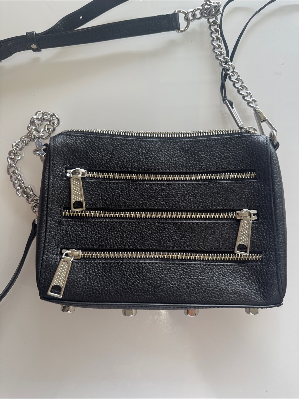 Rebecca Minkoff Black Leather Crossbody with Silver Chain & Zippers
